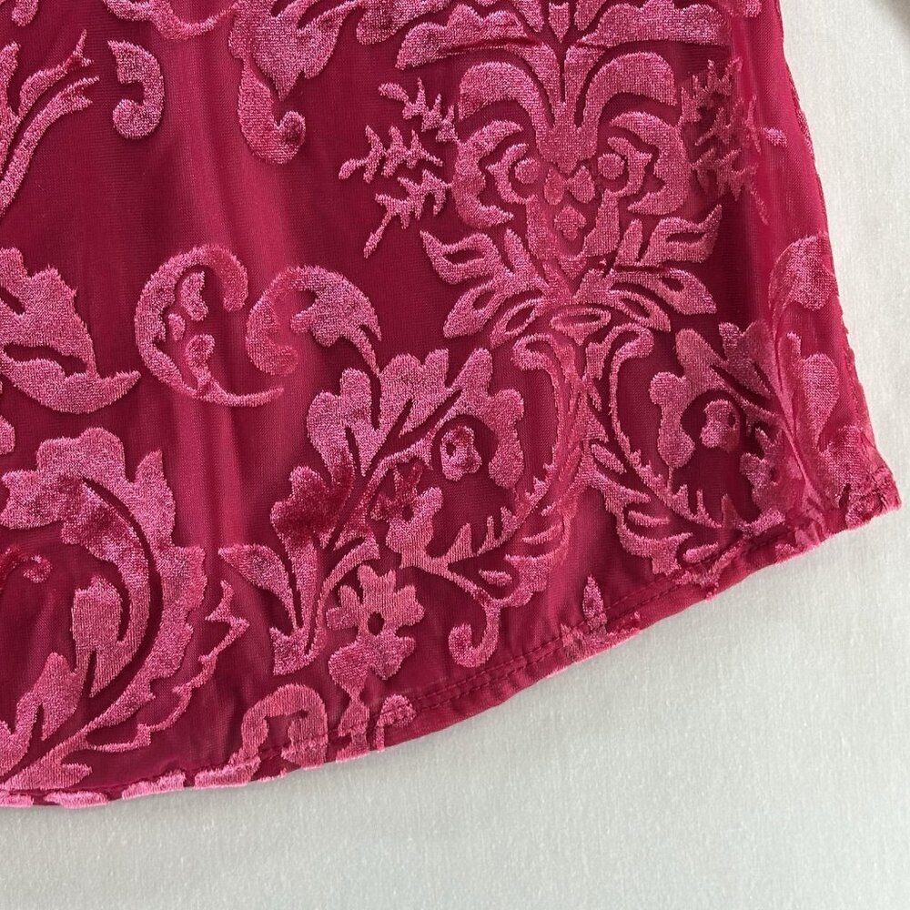 By Anthropologie Velvet Burnout Top S Lace Up Back Ruffle Mock Neck Damask Pink - Picture 14 of 16